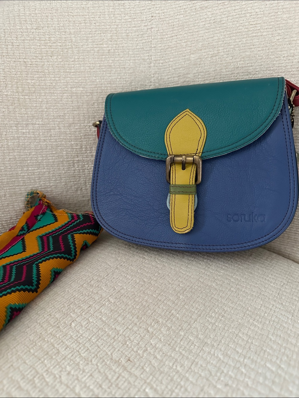 NWT Soruka Colorblock Leather Shoulder Bag in Blue, Teal & Yellow
